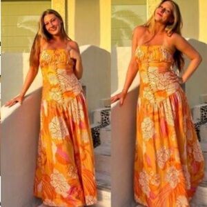 FARM Rio Strapless Orange Floral Dress parrot